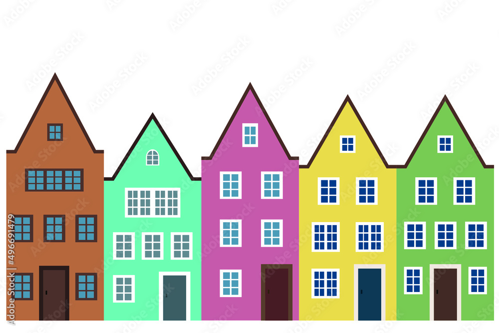 Multicolored houses on white background, flat vector, set of five houses