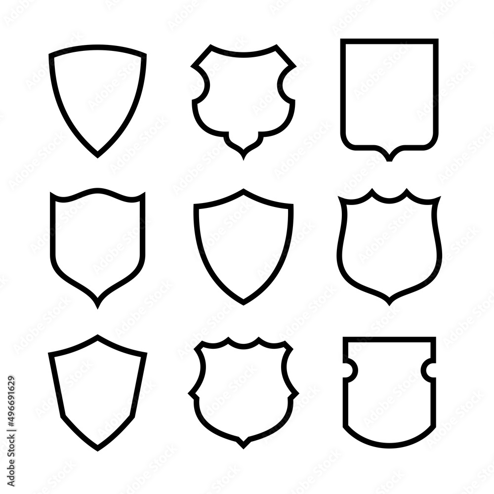 Collection of icons of shields of various shapes. Military or heraldic shield (armorial shield). Isolated raster illustration on a white background. Collection of icons of shields of various shapes. Military or heraldic shield (armorial shield). Isolated raster illustration on a white background.