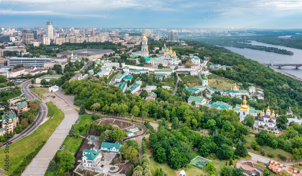 Fototapeta premium Aerial view of the Kiev-Pechersk Lavra at dawn. Kiev, Ukraine