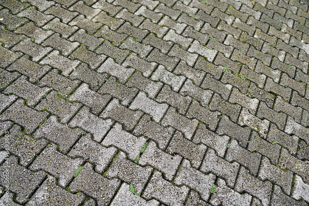 Oblique picture of stone bricks with moss and dirt lines inbetween texture pattern. Oblique picture of stone bricks with moss and dirt lines inbetween texture pattern.