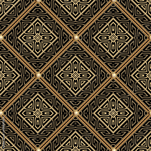 Modern waffle seamless pattern. Waffled ornamental ropes background. Grid repeat rhombus backdrop. Greek ornaments. Rhombus frames, 3d gold buttons. Tribal ethnic repeat backdrop. Greek key meanders