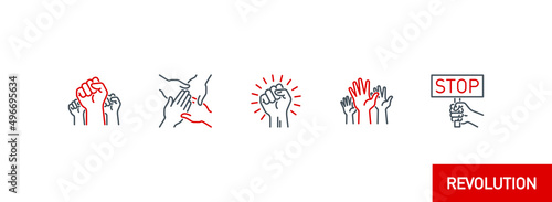Photo raised up fist in protest no war single line icons set isolated on white