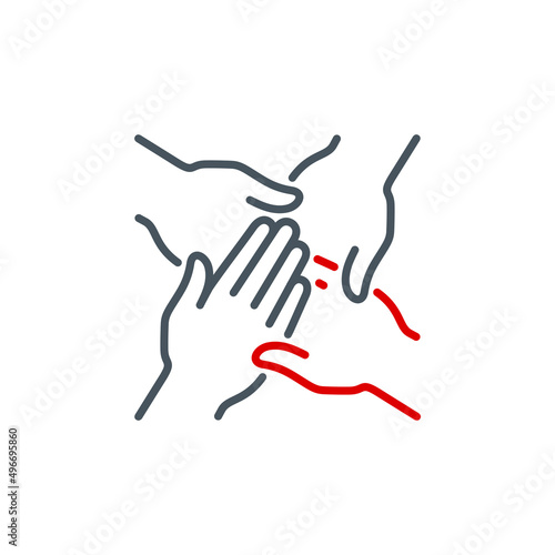 Unity team and teamwork single line icon isolated on white Perfect outline symbol Togetherness and cooperation team. Group of four people holding arms together design element with editable Stroke line