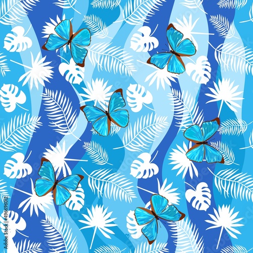 Motley seamless tropical print in blue tones. Large blue butterflies, white silhouettes of palm leaves, stylized waves as a background. Vector illustration.