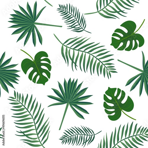 Green palm leaves on a white background in vector. Seamless exotic print for fabric, wallpaper. Tropical natural pattern.
