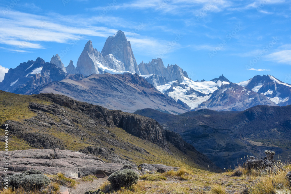 View of El Chaltén, Patagonia, and Mount Fitz Roy in the background. Located in the Patagonian Andes of southern Argentina.