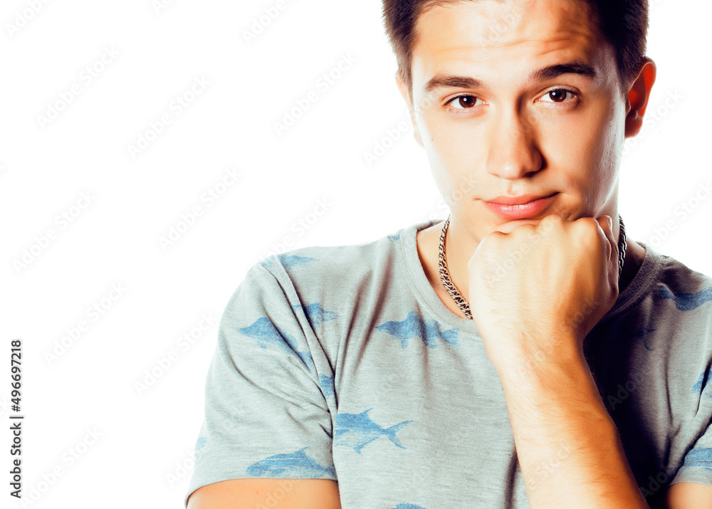 young attractive man isolated thinking emotional on white closeup gesturing smiling, lifestyle people concept young attractive man isolated thinking emotional on white closeup gesturing smiling, lifestyle people concept