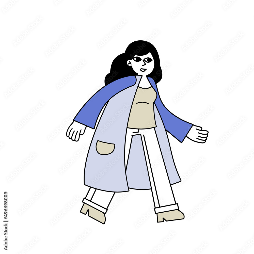 Woman in casual cloth. Girl in coat walking. A female character in motion. Modern trend outline illustration. Woman in casual cloth. Girl in coat walking. A female character in motion. Modern trend outline illustration.