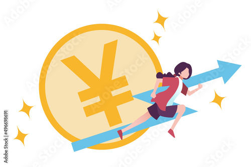走る女性とお金　矢印　上昇　日本円　人物　フラットイラスト