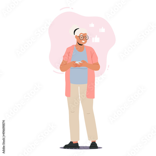 Old Woman Use Mobile Phone. Elderly Lady Communicate in Social Networks with Friends. Senior Lady Browsing Internet