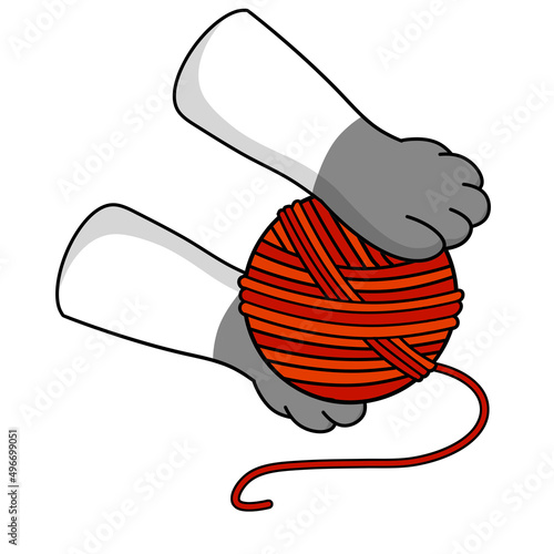 Cat paw hold skein of woolen threads. Hand caught ball. Cartoon illustration. Playful pet. Activity and fun of animal