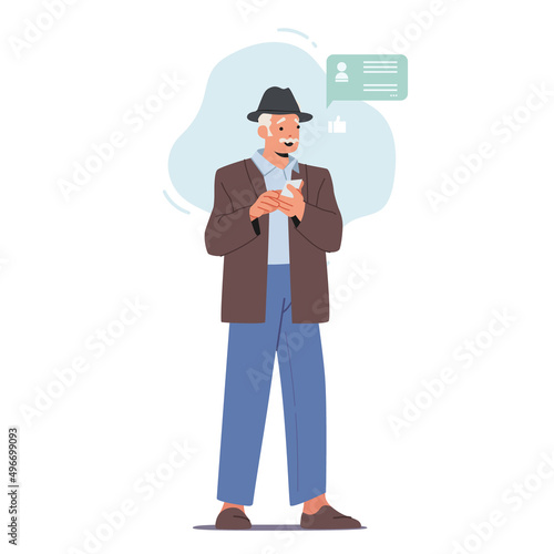 Elderly Male Character Communicate in Social Networks. Old Man Use Mobile Phone, Grandfather with Smartphone