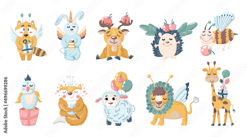 Baby animals, a collection with cute mice, lambs, hedgehogs and floral elements in pastel colors. A set of festive flat cute animals. Hand drawn nursery. Greeting card, kids t-shirts and wear. Vector