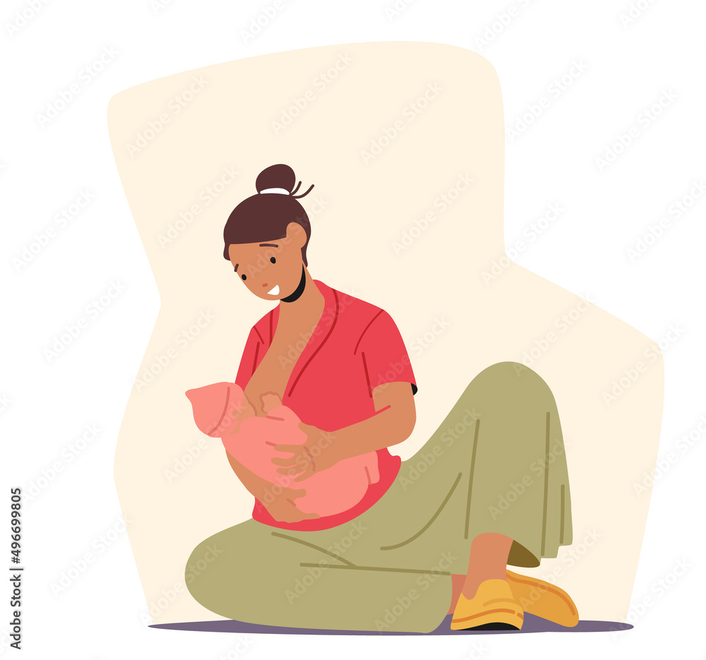 Breastfeeding Concept, Female Character Sit on Floor Feeding Baby with Breast, Natural Nutrition for Newborn Health Breastfeeding Concept, Female Character Sit on Floor Feeding Baby with Breast, Natural Nutrition for Newborn Health