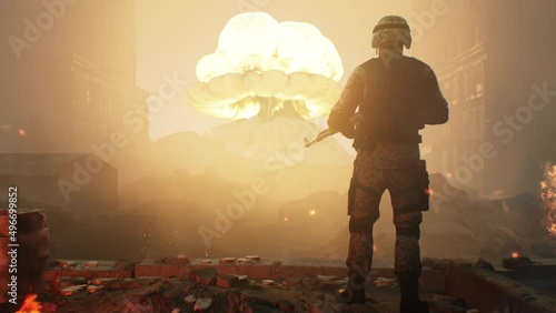 3D render of a soldier with a machine gun, standing in the ruins of a ruined city blazing with fire after a bombing and looking at a nuclear explosion