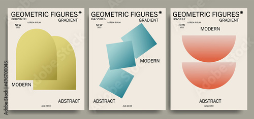 Collection of posters with geometric shapes in the Bauhaus style with a gradient on an isolated background. For print, posters, business cards