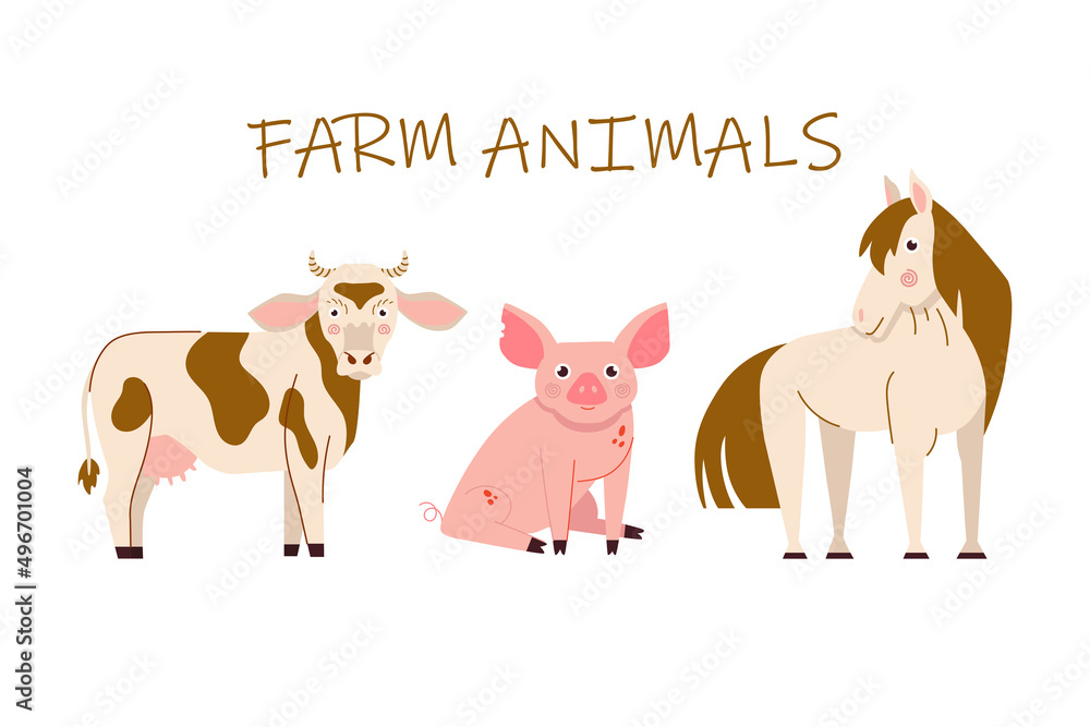 Cow, pig and horse vector illustrations. Set of cartoon farm animals isolated on white background. Cow, pig and horse vector illustrations. Set of cartoon farm animals isolated on white background.