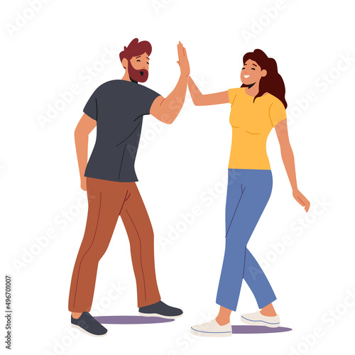 Male and Female Characters Informal Greetings, Happy People Giving High Five Isolated on White Background