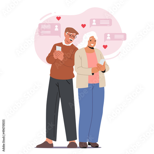 Old Couple Chatting via Internet Using Phones. Senior Characters Communicate in Social Networks on Love Sites, Messaging