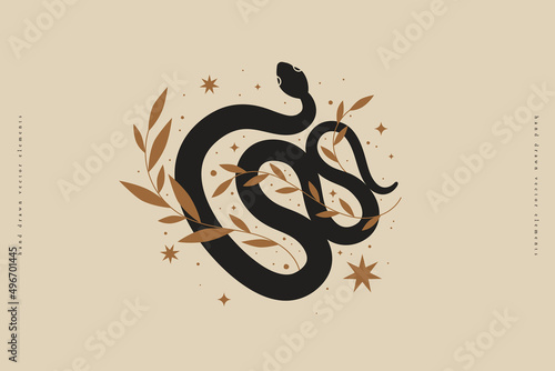 Magical black snake with magical plants on isolated background. Design element for postcard, poster, cover, packaging. Vector illustration.