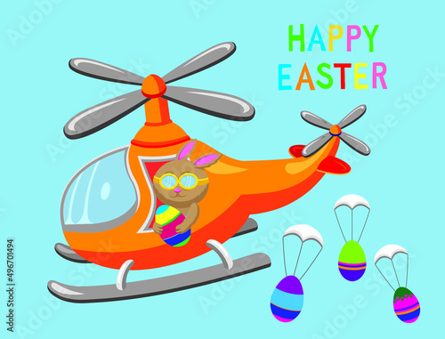 Cute cartoon style vector illustration of Easter Bunny in a helicopter with Happy Easter message