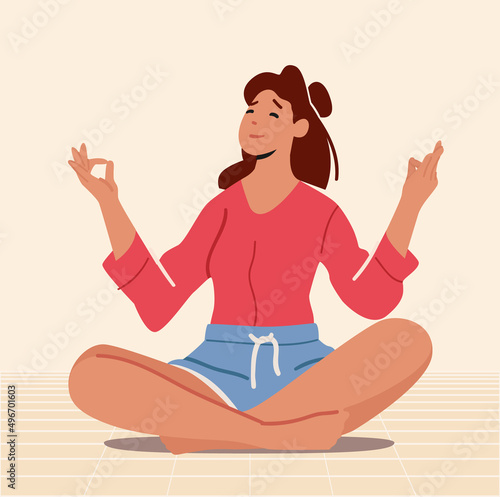 Woman Meditating Sitting in Lotus Posture. Relaxed Female Character Yoga Meditation in Hall, Practice of Mental Relax