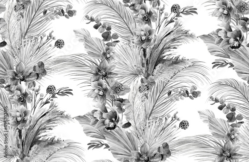 Wallpaper Mural Black and white watercolor seamless tropical pattern on a white background with orchid flowers and dried flowers painted with watercolors for textile and surface design Torontodigital.ca