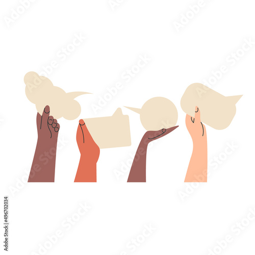 People's hands exchange ideas and holding speech bubble with vote and comment. Team cooperation communicate collaborate. Diversity multicultural group with talk message cartoon vector illustration
