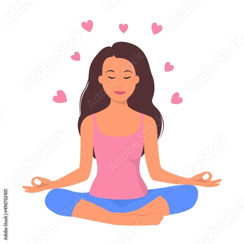 Girl meditating. Love yourself. Meditation. Vector cartoon illustration.