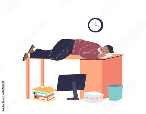 Tired with overwork man sleeping at workplace. Exhausted manager office worker lying at desk