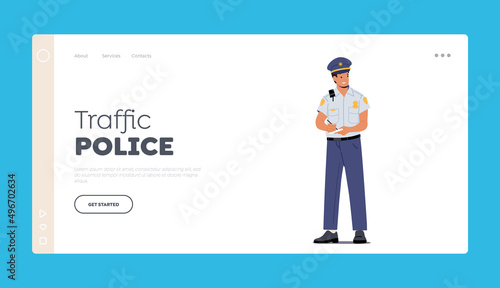 Traffic Police Landing Page Template. Officer Male Character Professional Occupation, Policeman Job. Road Inspector