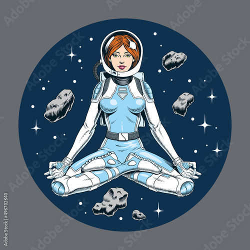 Young woman astronaut meditating in the lotus pose. Asteroids and stars on the background. Space yoga vector illustration.