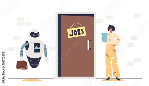 Woman and robot waiting together for job interview. Female and robotic applicant for vacant position