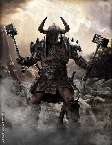A great fantasy warrior stands high atop the mountain pass ready for battle. 3d rendering photo