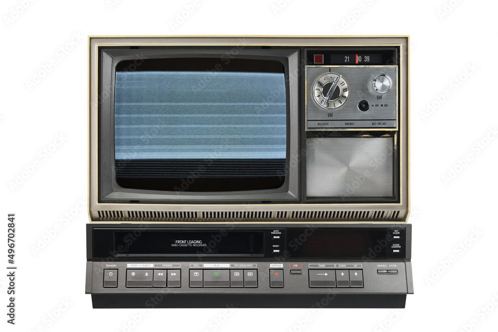 Old TV with noise and interference on the screen and VCR isolated on white background. Old TV with noise and interference on the screen and VCR isolated on white background.