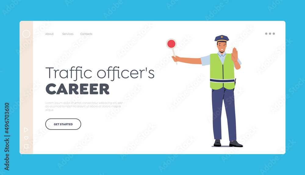Traffic Officer Career Landing Page Template. Policeman Wear Uniform and Safety Vest Holding Stop Sign, Road Inspector