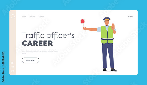 Traffic Officer Career Landing Page Template. Policeman Wear Uniform and Safety Vest Holding Stop Sign, Road Inspector