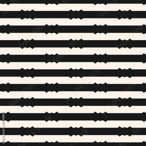 Vector geometric seamless pattern with carved horizontal stripes. Simple black and white abstract ornament. Monochrome graphic background texture. Repeat design for decor, wallpaper, fabric, textile