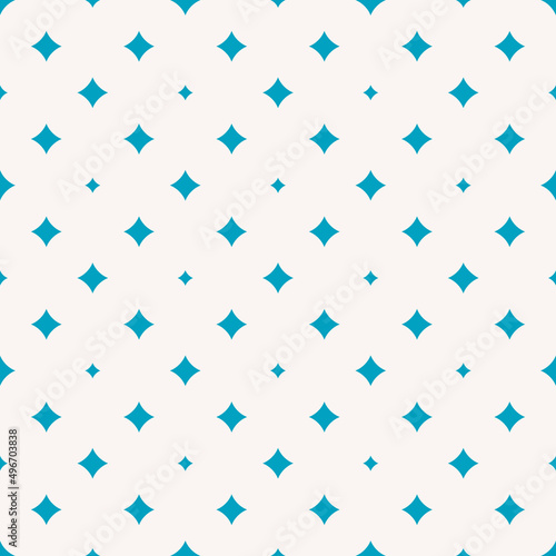 Simple vector seamless pattern with small diamond shapes, stars, rhombuses. Abstract blue and white geometric texture. Elegant minimal repeat background. Modern minimalist design for decor, wallpapers