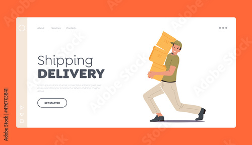 Express Delivery Service Landing Page Template. Courier Carry Heavy Pile of Carton Boxes. Delivery Man with Parcels