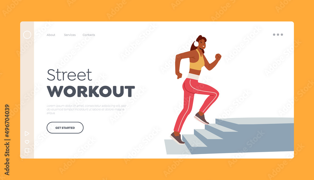 Street Workout Landing Page Template. Sport Activity, Jogging and Healthy Lifestyle Exercise. Happy Female Character Run