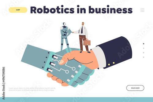 Robotics in business concept of landing page with handshake of robot and people