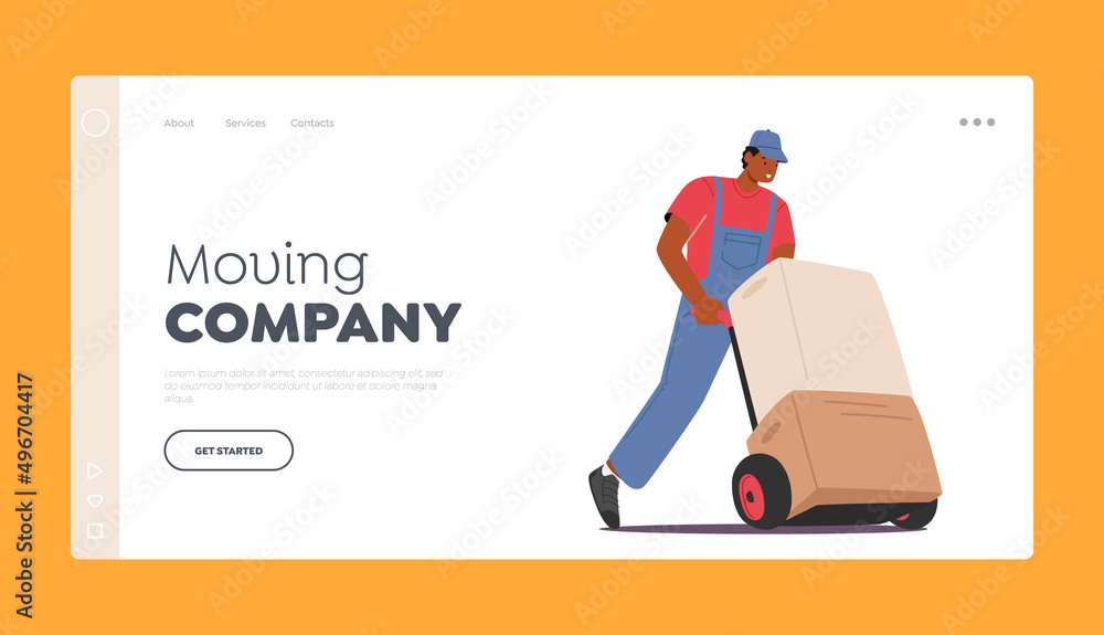 Moving Company Landing Page Template. Worker in Uniform Driving Hand Truck with Stack of Boxes, Cargo Transportation Moving Company Landing Page Template. Worker in Uniform Driving Hand Truck with Stack of Boxes, Cargo Transportation