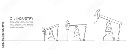 Oil pumps jacks of One continuous line drawing. Pump station and derrick petroleum production and trade industry in simple linear style. Energy crisis concept. Editable stroke. Vector illustration