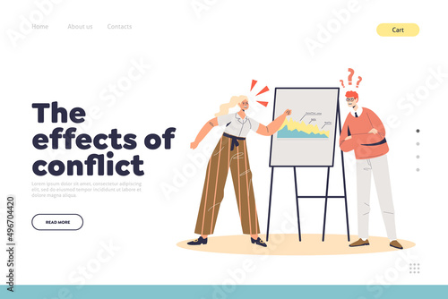 Effects of conflict landing page with colleagues arguing at work. Business partners irritated