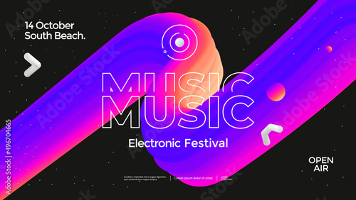 Modern Music poster design with colorful 3d line. Electronic Sound banner with abstract gradient shape.