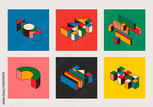 Modern bauhaus posters with 3d isometric shapes. Set of cards with abstract geometric elements. Vector illustration