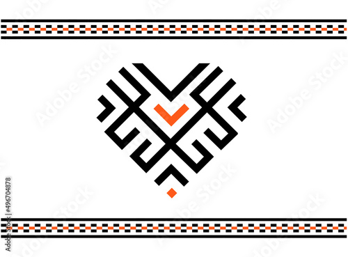 Tradition Ukrainian slavic ornament in vector; Embroidery of heart in black and orange colors on white background