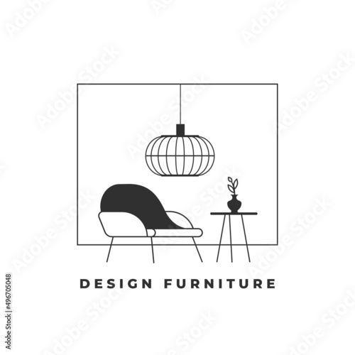Interior room with armchair and lamp. Icon or logo for Furniture exhibition, gallery. Vector illustration