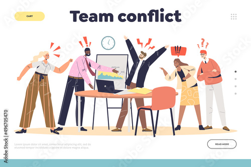 Team conflict concept of landing page with angry irritated colleagues screaming and arguing